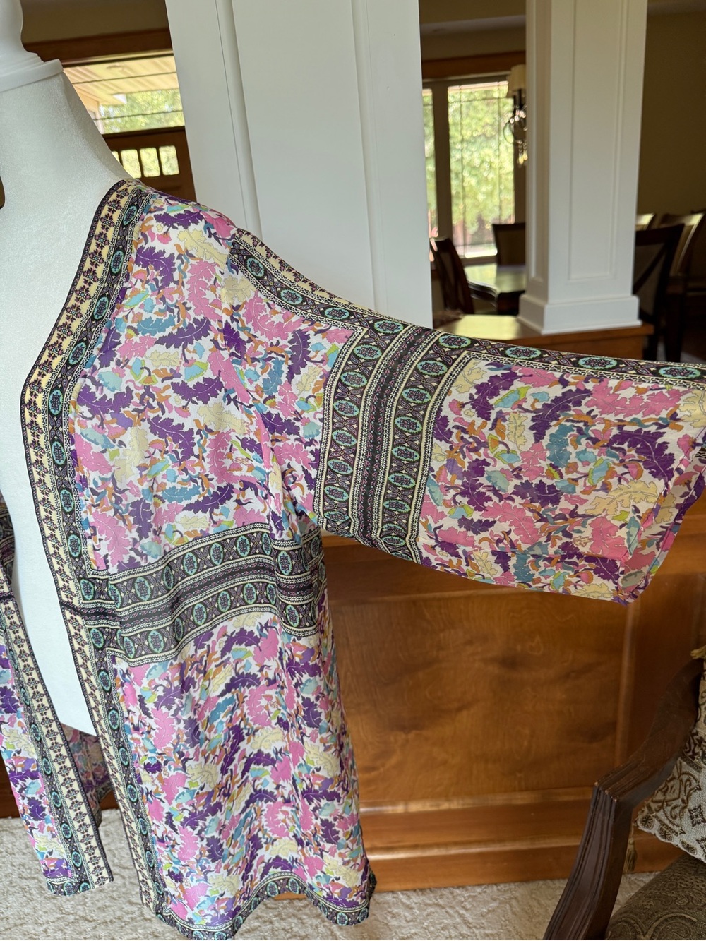 Susan Graver 1X Floral Border Print Open-Front Kimono Jacket - Pink Multi - Picture 6 of 11